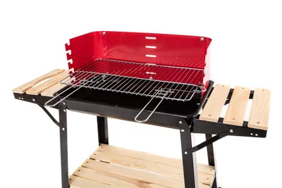Produktbild von Grill Glückliches Grün Holz, Wanne 53x33 cm, Grillhöhe 70 cm, mit Windschutz und Ablagetischen