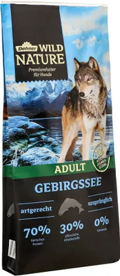 Produktbild von Dehner Wild Nature Hundefutter Gebirgssee, Trockenfutter getreidefrei / zuckerfrei, für ausgewachsene Hunde, Lachs / Huhn, 12 kg