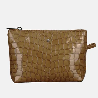 Produktbild von Damen-Kosmetiktasche aus Leder in gesalzenem Karamellton mit Krokodilmuster