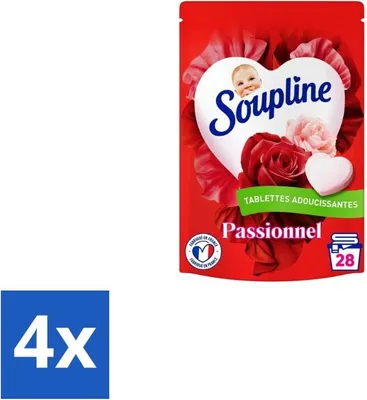 Produktbild von Soupline – Weichspülertabletten – Duftrichtung „Herzensglanz Passionsblumenstrauß“ – 28 Tabletten - Vorteilspack - 4 Stücke
