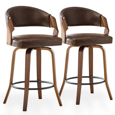 Produktbild von Drehbare Barhocker 2er Set im Mid-Century-Stil mit Bugholzrahmen, Polstersitz, 66 cm Sitzhöhe, Rückenlehne und Metallfußring, Braun