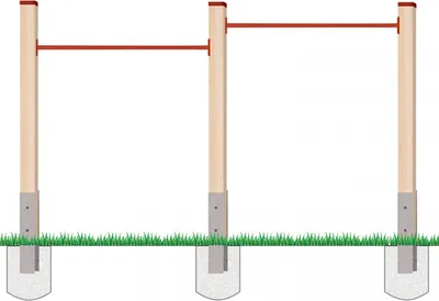 A double pull-up bar structure made of wood and metal, set up on grass.