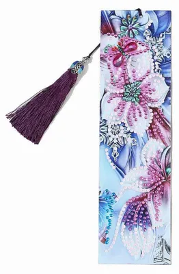 Produktbild von DIY Diamantmalerei Lesezeichen Set mit Schmetterlings- und Blumenmotiv – Bastelset mit Lederquaste