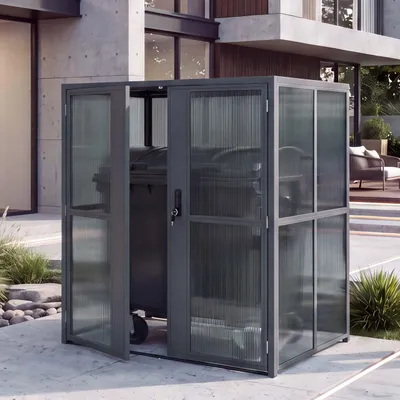 Immagine prodotto di Rivestimento per cassonetti HWC-R21, struttura per cassonetti per contenitori di rifiuti fino a 1100 litri, acciaio e policarbonato, dimensioni 175x160x136 cm