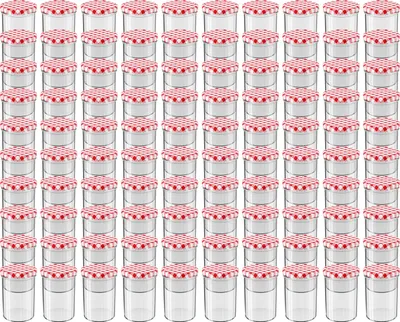 A grid of identical glass jars with red and white checkered lids.