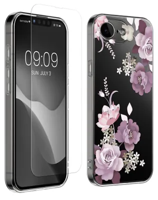 Produktbild von kwmobile Hülle kompatibel mit Apple iPhone 17e / iPhone 16e Handyhülle - Silikon Case transparent - Mit Glas Schutzfolie - Blumenblüten und Rosen
