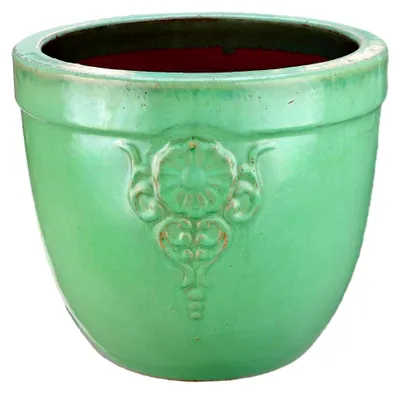 Produktbild von Blumentopf/Pflanzgefäß, glasiertes Steinzeug, Blumenemblem in Jade-Grün 26x25cm, frostfest und handgefertigt