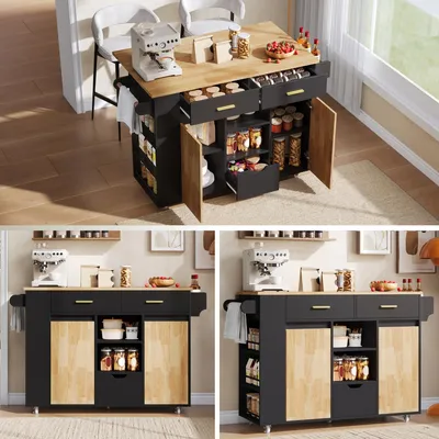 Zdjęcie produktu dla Mobilna wyspa kuchenna z rozkładanym blatem, wózek kuchenny, kolor: czarny + naturalny, wymiary: 120 x 45(71) x 90 cm