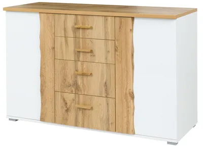 Productafbeelding van Dressoir, houten commode, 130x45x82 cm, 2 deuren, eikenhout "Wotan", wit hoogglans