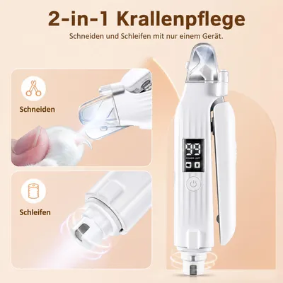 Produktbild von Krallenschneider für Hunde und Katzen mit LED Beleuchtung, elektrische Krallenfeile mit 3 Schleifköpfen, leiser Akku Krallenschleifer zur sicheren Pfotenpflege