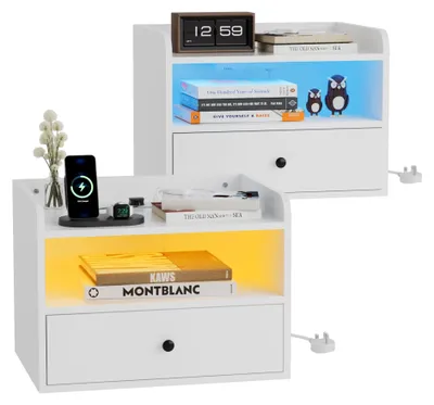 Hängende Nachttische Set 2er mit LED, Steckdosen, USB, Elfenbein