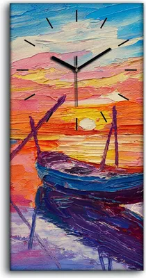 Produktbild von Leinwand Uhr Küche Wohnzimmer Bild 30x60 Ölgemälde Boot Sonnenuntergang Kunst - schwarze Hände