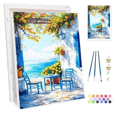 Productafbeelding van Kleurplaten voor volwassenen met lijst, zeelandschap, 20x30 cm, canvas, doe-het-zelf schilderij, knutselset