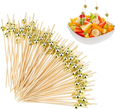 Produktbild von 300 Stück Cocktailspieße Spieße Fingerfood mit Gold Acrylperle Cocktail Spieße Holz Obst-Spieß für Cocktail Deko Candy und Antipasti Fasching Geburtstag Party