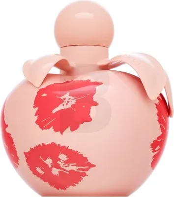 A pink perfume bottle with red floral patterns and a round cap.