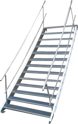 A metal staircase with handrails against a white background.