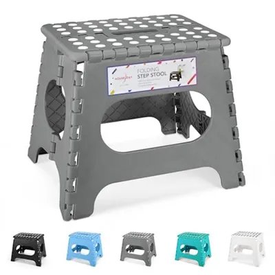 A gray folding step stool is shown with several other colored stools of the same type displayed below.