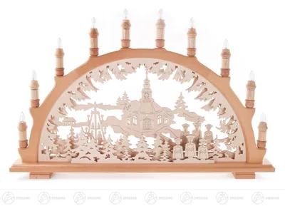 Zdjęcie produktu dla Łuk świąteczny z kościołem w Seiffen, oświetlenie elektryczne Szerokość x wysokość x głębokość 66 cm x 40 cm x 6,5 cm NOWY