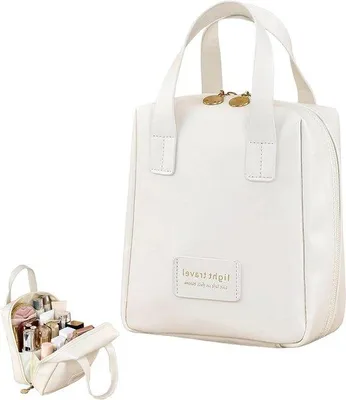 Image de Trousse de voyage imperméable pour femme, avec poignée et séparateur, blanche, grande taille, en PU.