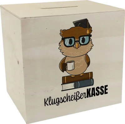 Produktbild von Eule Spardose aus Holz mit Spruch Klugscheißer-Kasse
