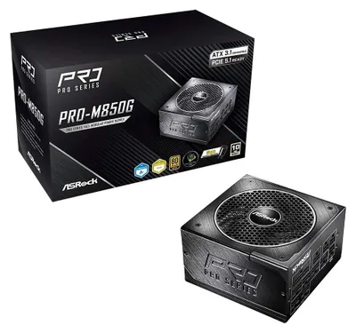 Imagen del producto de ASRock 90-UXR085-GFEAA2, Serie ASRock Pro, PRO-M850G, fuente de alimentación ATX de 850W, certificación 80+ Gold, color