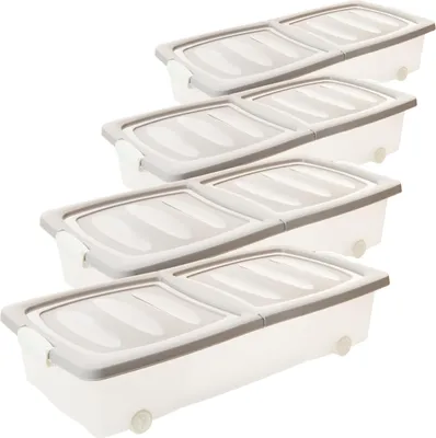 Produktbild von Flache Unterbettbox 4er Set mit Rollen, Deckel, Clipverschluss, stapelbar, transparent