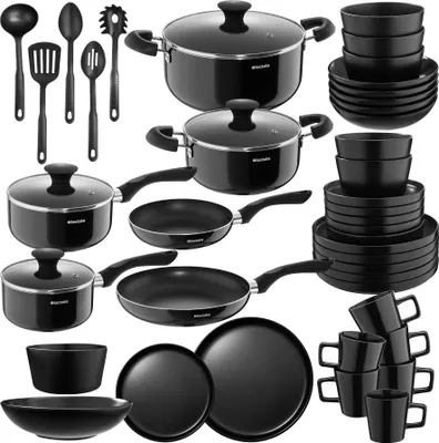 Image de Set de cuisine pour 6 personnes avec vaisselle et casseroles - noir, 45 pièces