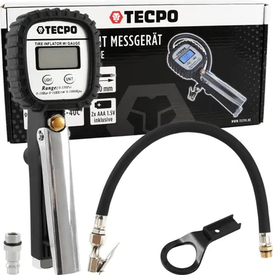Produktbild von TECPO Digitale Druckluft Reifenfüllpistole LCD Luftdruckmesser 0–10 bar 1/4 Zoll Reifenfüller Schlauch 400 mm für Werkstatt und Service
