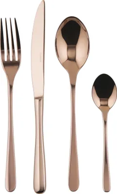A set of four copper-colored cutlery pieces, including a fork, knife, tablespoon, and teaspoon, arranged side-by-side on a white background.
