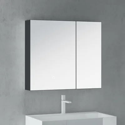 Image de doporro Armoire Murale Salle de Bains avec Miroir LED Placard de Rangement Gris Noir Mat en Bois Armoire de Toilette 2 Portes 80x15x70 cm Spiegelschrank 04