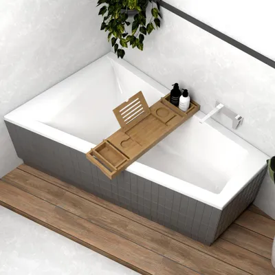 Image de ECOLAM Baignoire trapéze Rita 150x100 cm version gauche + Planche en Bambou | Vidange automatique Alcaplast + Pieds et silicone