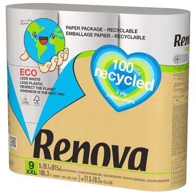 Produktbild von Renova Toilettenpapier, 100% Recyclingpapier, 9 Rollen, weiß, Standard