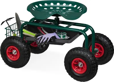 Image de Siège de jardin mobile Relaxdays, réglable en hauteur, 150 kg, espace de rangement, siège à roulettes pour le jardinage, acier, pneus gonflables, vert