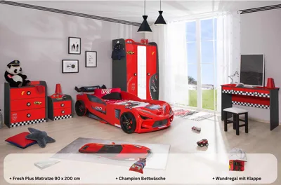 Produktbild von Kinderzimmer komplett Set Autobett Rio 5 teilig Rot , Sportsitze:ohne Sportsitze, Matratze:Creativ Fresh Plus H2, Bettwäsche:mit Bettwäsche, Wandregal:Wandregal mit Klappe