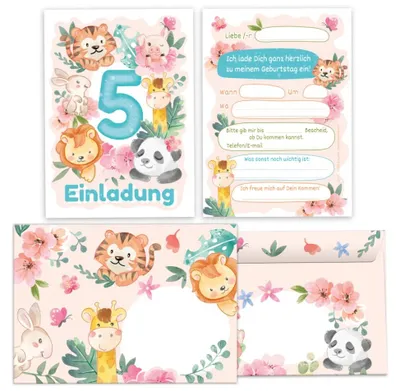 12 Einladungskarten + Umschläge für 5. Geburtstag Tiermotive