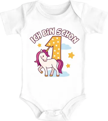 Produktbild von Babybody erster Geburtstag Einhorn Alter Zahl Spruch Ich bin schon 1 (2) kurzarm Body Baumwolle Moonworks® 1 Jahr weiß 0-3 Monate