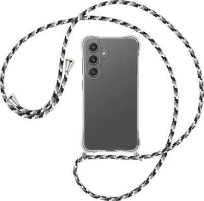 Produktbild von Handykette Backcover-Schutzhülle mit Band (Metall silberfarben) für Samsung S25 - schwarz/grau/weiß