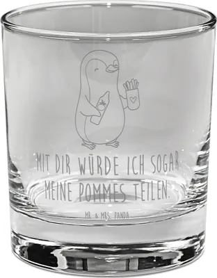 Produktbild von Mr. & Mrs. Panda Whiskyglas Pinguin Pommes - Transparent - Geschenk, Valentinstag, Hochzeitstag, Scotch Glas, Freundin, für Männer, Tumbler, Frauen, Gravur, Whiskey