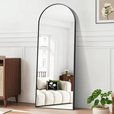 Obrázok produktu pre Zrkadlo na celé telo, 165x60 cm, stojace zrkadlo s čiernym hliníkovým rámom, zakrivené, vhodné na postavenie, opretie alebo zavesenie