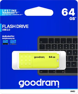 Zdjęcie produktu dla Goodram UME2, 64 GB, USB Typu-A, 2.0, 20 MB/s, Pokrywka, Żółty