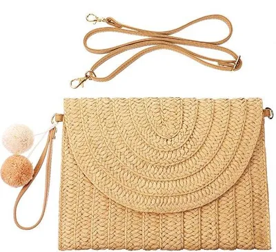Image de Sac de plage fait main, sac à bandoulière en paille, style décontracté, marron clair, taille moyenne