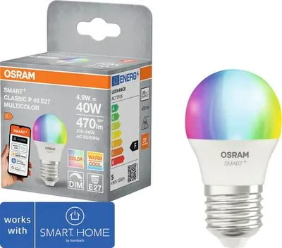 Produktbild von Osram Smart+ Tropfenlampe dimmbar P45 E27/4,9W(40W) weiß 470 lm 2700 4000 6500 K RGBW Matter