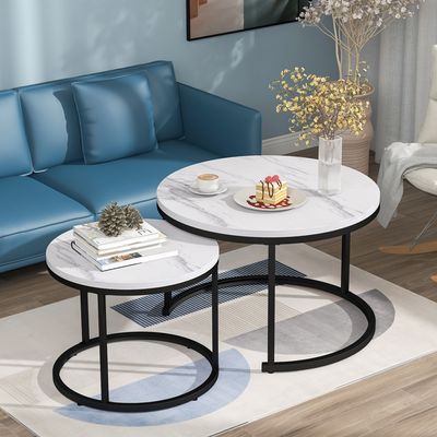 Merax Couchtisch 2er Set Satztisch Runder Beistelltisch mit Marmormuster, Kaffeetisch Wohnzimmertisch Industrial Sofatisch, 1,5 cm Platte, Weiß