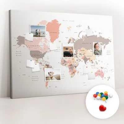 Obrázek produktu pro Korková nástěnka s kolíčky - Tabule s kolíky pro fotografie a poznámky - 140x100 cm - Připínáčky barevné 100 kusů - Podrobná mapa světa