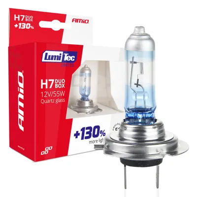A product shot of a car headlight bulb and its packaging.