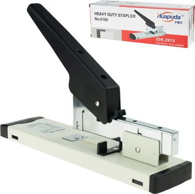 A heavy-duty stapler and its packaging are shown against a white background.