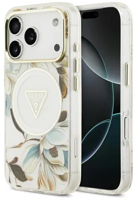 Immagine prodotto di Custodia per iPhone 18 Pro / 17 Pro, Guess, tecnologia IML, motivo floreale glitterato a triangolo, colore bianco, compatibile con MagSafe