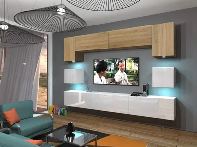 Image de Furnitech Mur de salon - Meubles de salon avec LED RGB - Mur de salon suspendu moderne - Mur d'armoire de salon(Nowara AN1-17WS-HGM39 1B)