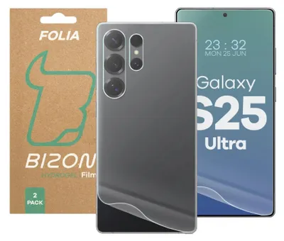 A product shot showing a pack of Bizon Hydrogel Film protectors for a Samsung Galaxy S25 Ultra smartphone.
