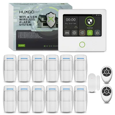 Image de Système d'alarme HUXGO Wi-Fi GSM 4G, kit comprenant 12 détecteurs de mouvement, 1 capteur de porte et l'application HXA502